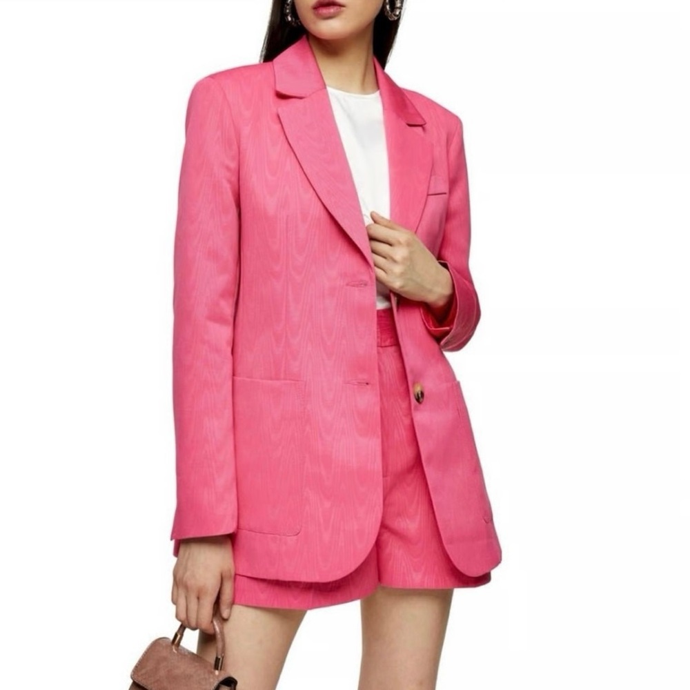 Topshop Moire Textured Lined Oversized Grandad Blazer Fuchsia Pink US Size 4